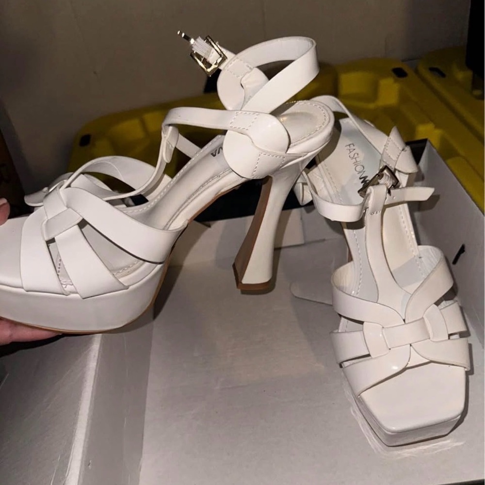 Fashion Nova White Strappy Platform Heels